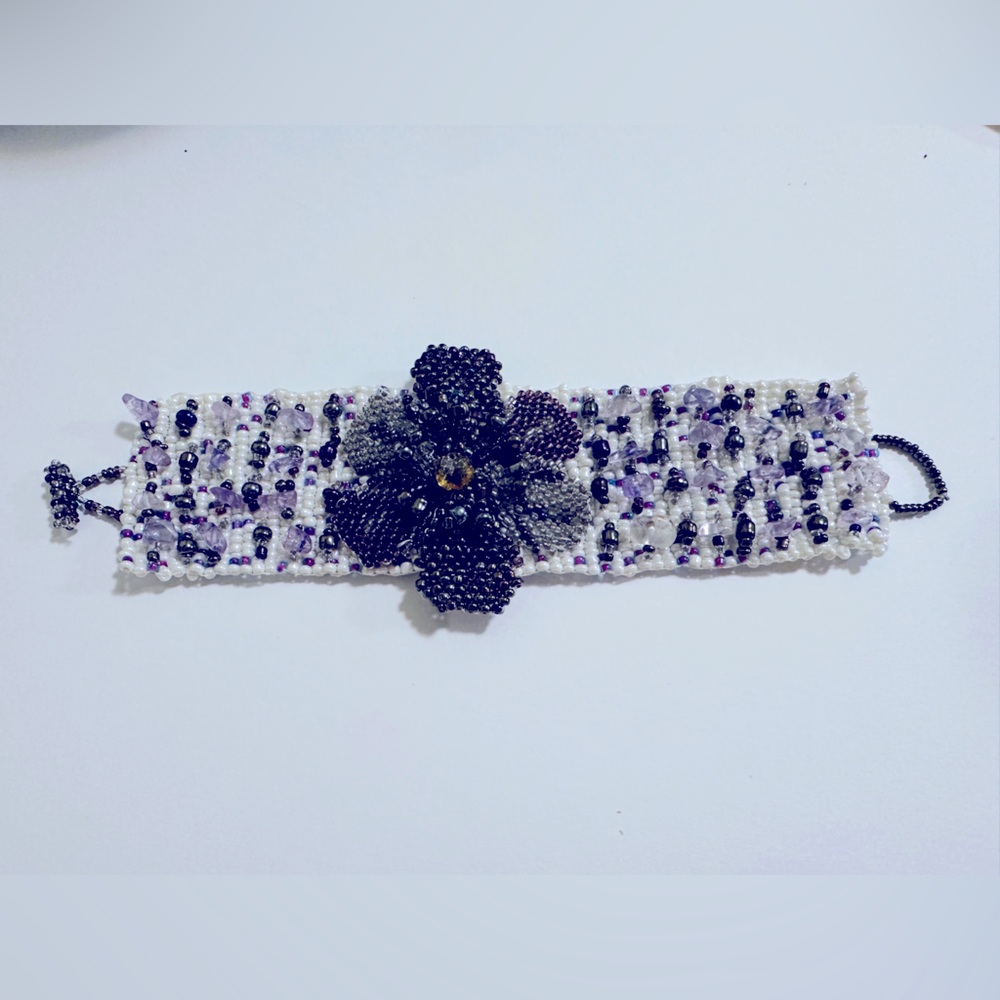 Vintage Wide Woven Multi-color Seed Beads Bracelet with Large Center Flower 7.5”
